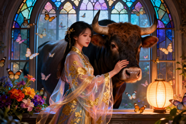 Обои картинки фото 3д графика, люди и животные , people and animals, девушка, наряд, бык, окно, витражи, бабочки, цветы