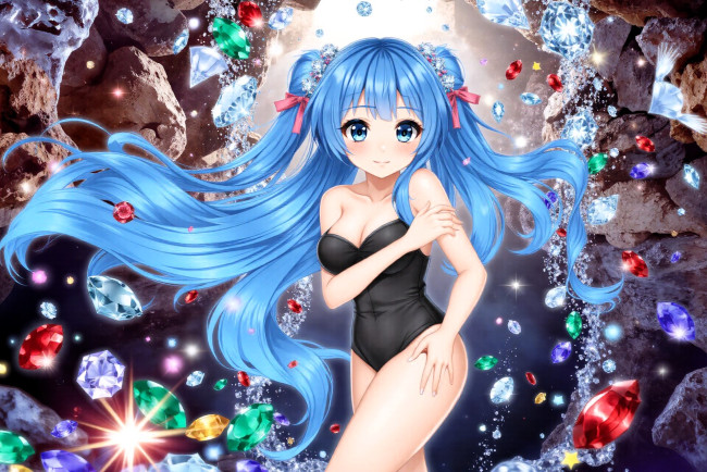 Обои картинки фото аниме, unknown,  другое , девушка, голубые, волосы, купальник, драгоценности