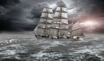 Картинка корабли парусники чайка шторм море парусник