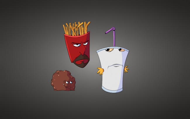 Обои картинки фото aqua teen hunger force, мультфильмы, команда, фастфуд, athf, aqua, teen, hunger, force, картошка, фри, молочный, коктейль, тефтель