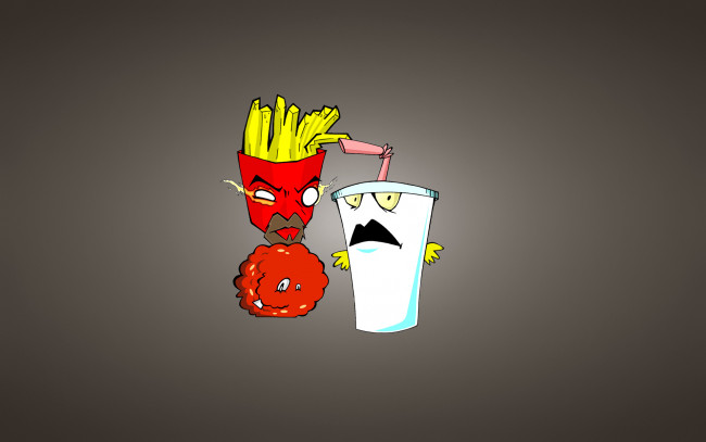 Обои картинки фото aqua teen hunger force, мультфильмы, тефтель, команда, фастфуд, athf, aqua, teen, hunger, force, картошка, фри, молочный, коктейль