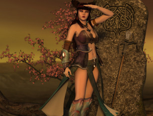 Картинка 3д+графика амазонки+ amazon шест знак камень сакура фон взгляд девушка