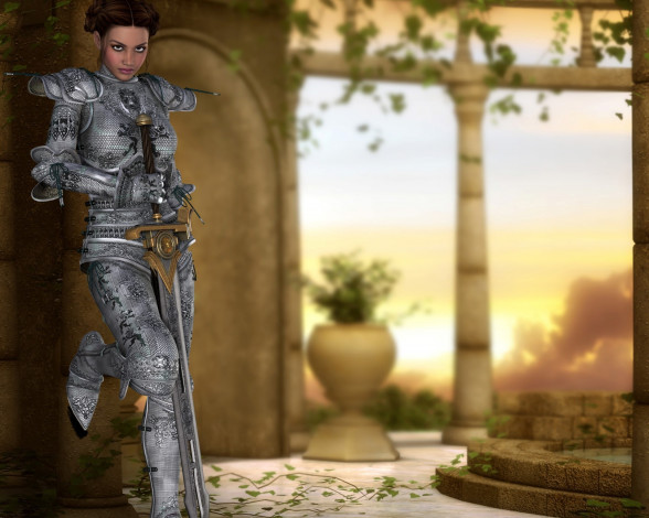 Обои картинки фото 3д графика, амазонки , amazon, фон, доспехи, взгляд, девушка