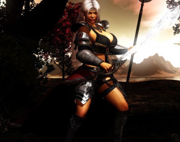 Обои картинки фото 3д графика, эльфы , elves, оружие, фон, взгляд, шест, эльфийка