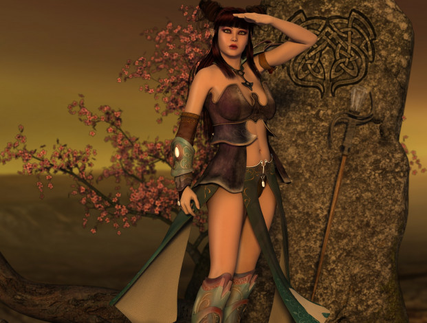 Обои картинки фото 3д графика, амазонки , amazon, шест, знак, камень, сакура, фон, взгляд, девушка