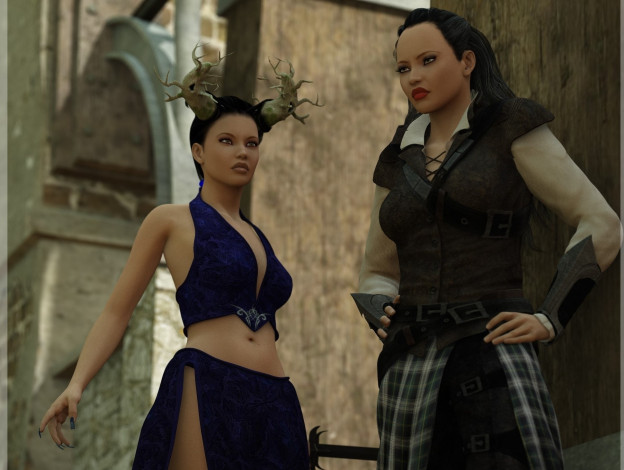 Обои картинки фото 3д графика, фантазия , fantasy, девушки, взгляд, фон, укастаника