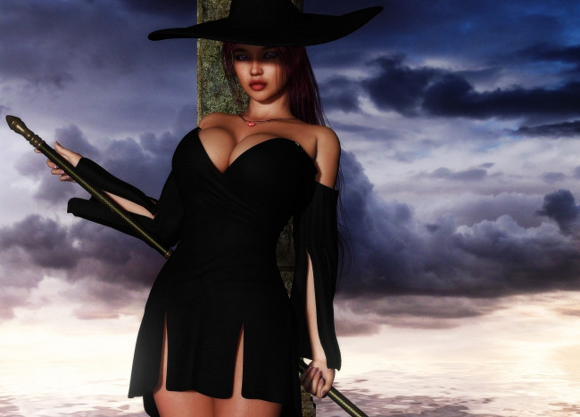 Обои картинки фото 3д графика, люди , people, шляпа, девушка, взгляд, фон, шест