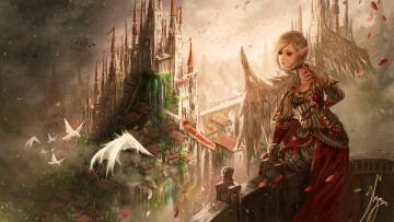 Картинка фэнтези ангелы ушки сидит лепестки высота крылья девушка платье взгляд арт