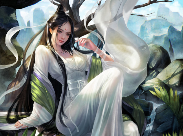 Обои картинки фото фэнтези, девушки, девушка, сидит, взгляд, арт, природа, бабочка, платье, поза