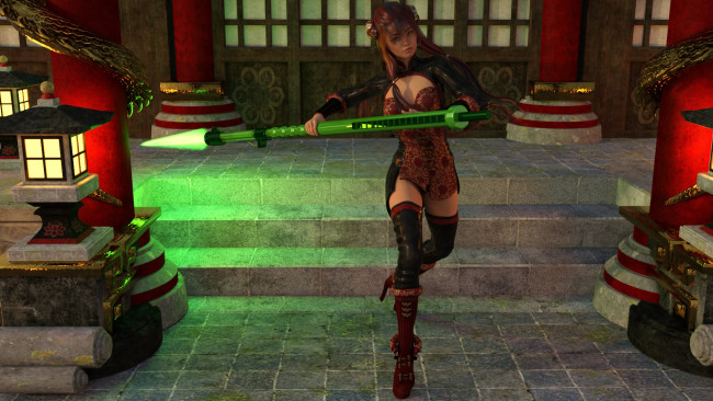 Обои картинки фото 3д графика, фантазия , fantasy, оружие, фон, взгляд, девушка