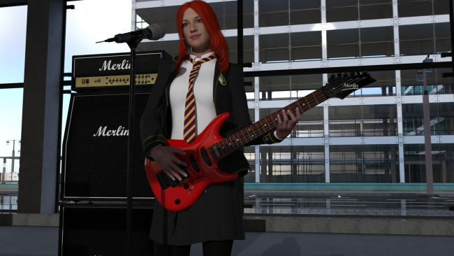 Обои картинки фото 3д графика, люди , people, взгляд, девушка, гитара, фон