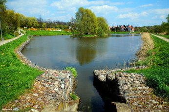 Картинка города -+пейзажи дома деревья островок пруд