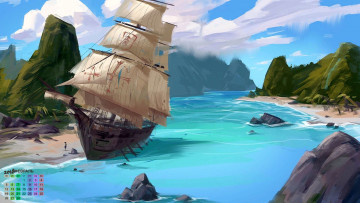 Картинка календари рисованные +векторная+графика облака камни парусник 2018 водоем