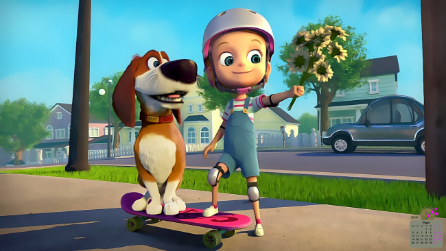 Обои картинки фото календари, кино,  мультфильмы, девочка, 2018, шлем, машина, букет, собака