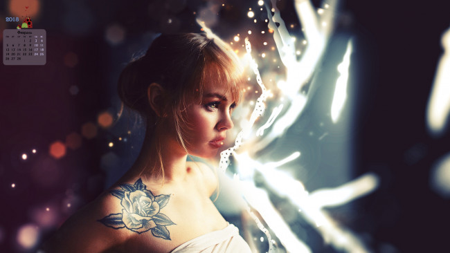 Обои картинки фото календари, компьютерный дизайн, лицо, девушка, 2018, взгляд, профиль, тату