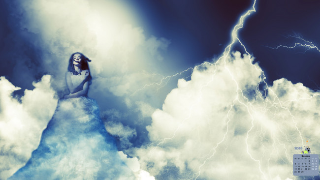 Обои картинки фото календари, компьютерный дизайн, молния, взгляд, 2018, девушка, облака