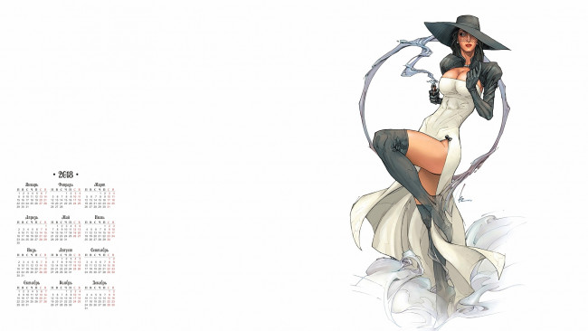Обои картинки фото календари, рисованные,  векторная графика, 2018, пистолет, женщина, взгляд, шляпа