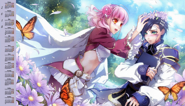 Обои картинки фото календари, аниме, бабочка, цветы, венок, взгляд, девушка, 2018