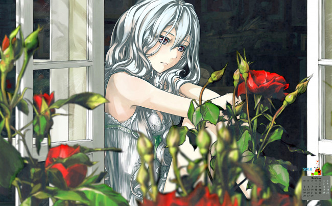 Обои картинки фото календари, аниме, профиль, цветы, 2018, девушка, лицо, взгляд