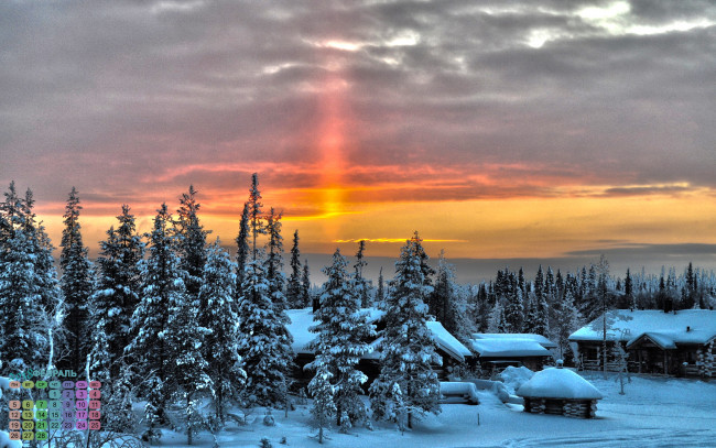 Обои картинки фото календари, города, закат, изба, 2018, снег, деревья
