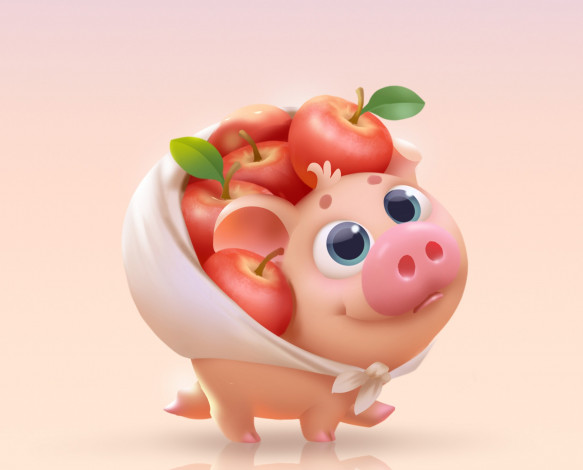 Обои картинки фото векторная графика, животные , animals, поросенок, яблоки