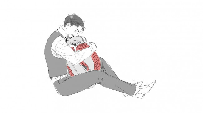 Обои картинки фото рисованное, кино, старкер, роберт, дауни, мл, человек, паук, возвращение, домой, spider, man, homecoming, питер, пакер, объятия, арт, starker, том, холланд, тони, старк