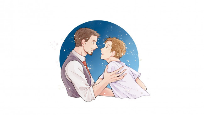 Обои картинки фото рисованное, кино, старкер, роберт, дауни, мл, человек, паук, возвращение, домой, spider, man, homecoming, питер, пакер, объятия, арт, starker, том, холланд, тони, старк