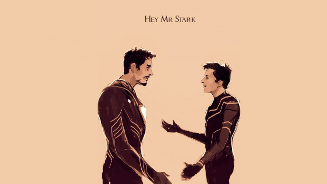 Обои картинки фото рисованное, кино, тони, старк, spider, man, homecoming, старкер, объятия, роберт, дауни, мл, питер, пакер, человек, паук, возвращение, домой, том, холланд, арт, starker