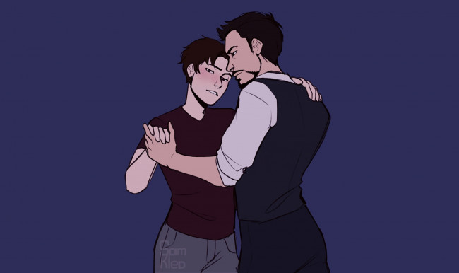 Обои картинки фото рисованное, кино, старкер, роберт, дауни, мл, человек, паук, возвращение, домой, spider, man, homecoming, питер, пакер, танец, арт, starker, том, холланд, тони, старк