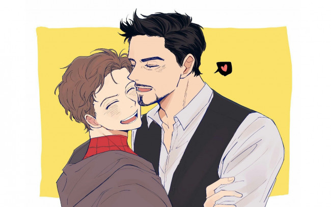 Обои картинки фото рисованное, кино, старкер, роберт, дауни, мл, человек, паук, возвращение, домой, spider, man, homecoming, питер, пакер, объятия, арт, starker, том, холланд, тони, старк