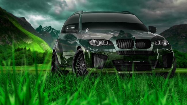 Обои картинки фото разное, компьютерный дизайн, бмв, черный, трава, горы