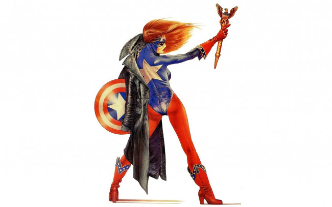 Обои картинки фото рисованное, chris achilleos, девушка, жезл, плащ, щит, костюм