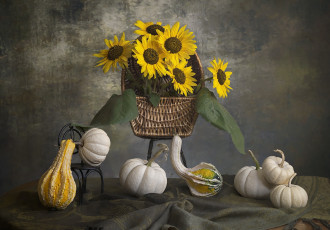 Картинка рисованное -+другое листья подсолнухи цветы букет желтые урожай тыквы ткань