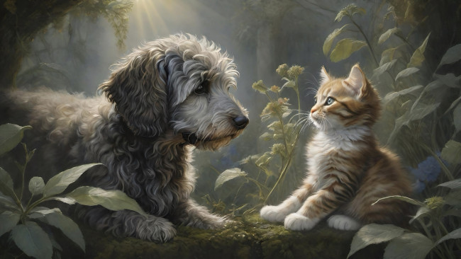 Обои картинки фото рисованное, животные, кот, кошка, собака