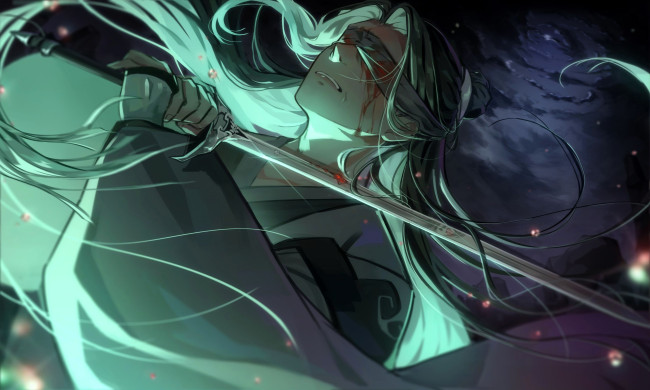 Обои картинки фото аниме, mo dao zu shi, сяо, синчэнь, меч, повязка, кровь