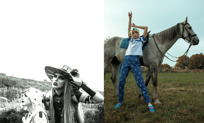 Обои картинки фото девушки, tenletters, образы, костюмы, косплей, горы, лошадь, деревья, луг