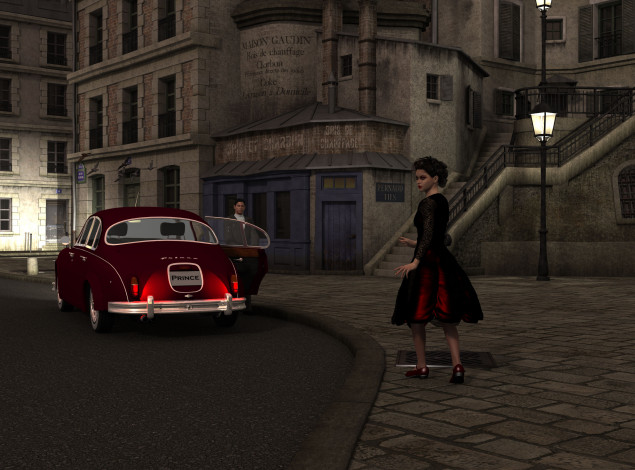 Обои картинки фото 3д графика, people , люди, автомобиль, улица, мужчина, девушка