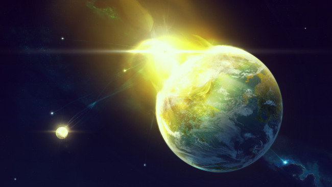 Обои картинки фото космос, арт, земля, луна, свечение, звёзды, планеты