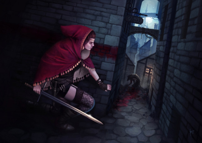 Обои картинки фото фэнтези, девушки, девушка, улица, меч, красная, шапка, волк