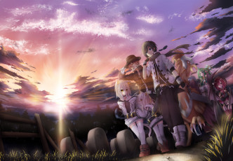 Картинка аниме животные +существа путники кладбище закат фэнтези tyaba neko арт уши неко существо