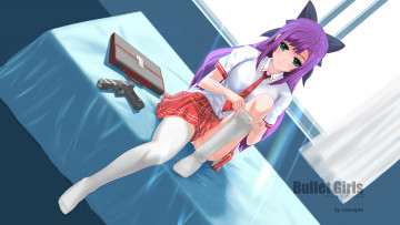 Картинка аниме оружие +техника +технологии bullet girls гольфы занавески пистолет девушка conceptx окно кровать сумка