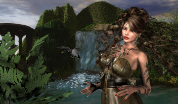 Картинка 3д+графика люди+ people утки водопад горы фон взгляд девушка