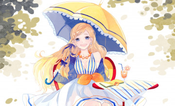 Картинка аниме unknown +другое зонт девушка бусы книга улыбка