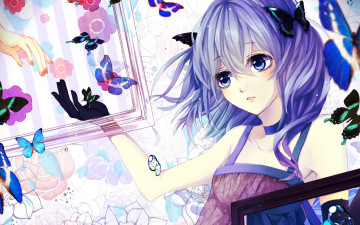 Картинка аниме unknown +другое цветы рамки бабочки девушка