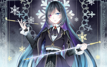 Картинка аниме оружие +техника +технологии снежинки разные глаза узоры трубка указка девушка