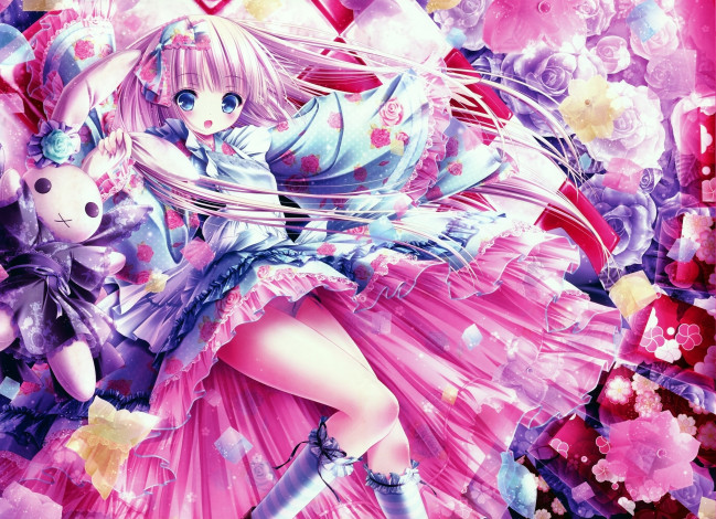 Обои картинки фото аниме, unknown,  другое, девушка, арт, tinkle, розы, взгляд, цветы