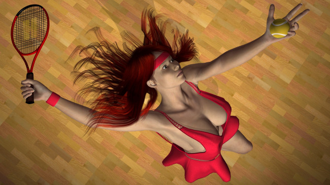 Обои картинки фото 3д графика, люди , people, взгляд, девушка, фон, ракетка, мячик