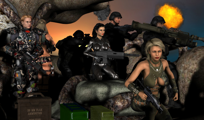 Обои картинки фото 3д графика, фантазия , fantasy, фон, взгляд, оружие, мужчины, девушки