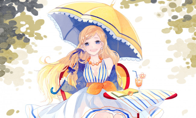 Обои картинки фото аниме, unknown,  другое, зонт, девушка, бусы, книга, улыбка