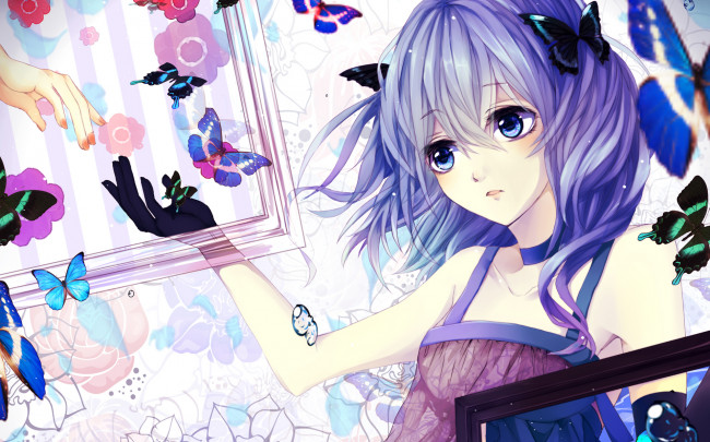 Обои картинки фото аниме, unknown,  другое, цветы, рамки, бабочки, девушка